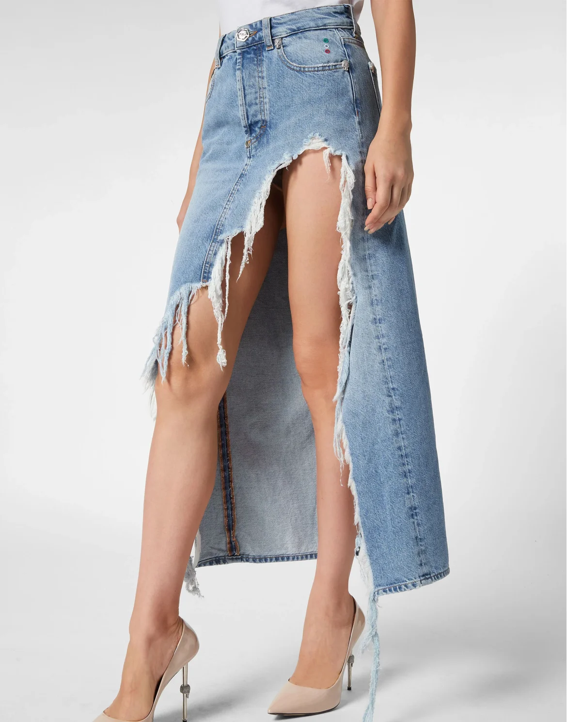 Destroyed Midi Denim Skirt Crystal Skull, цвет: Синий