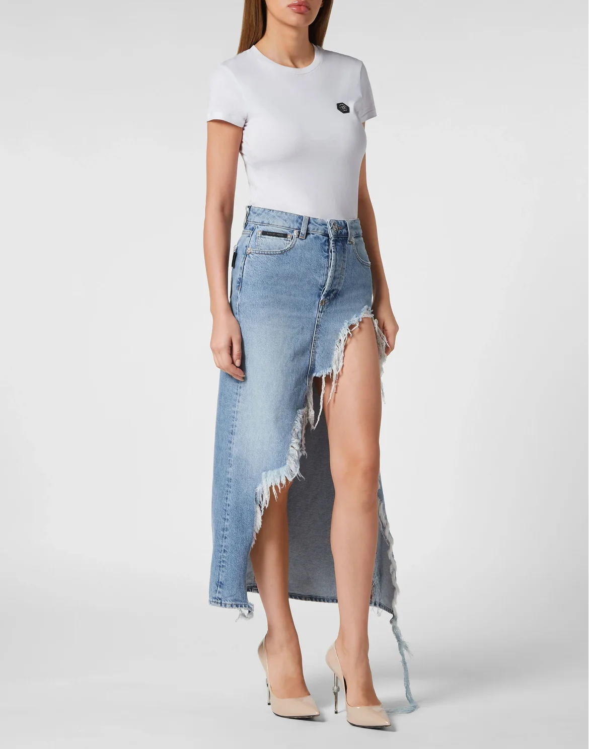 Destroyed Midi Denim Skirt Crystal Skull, цвет: Синий