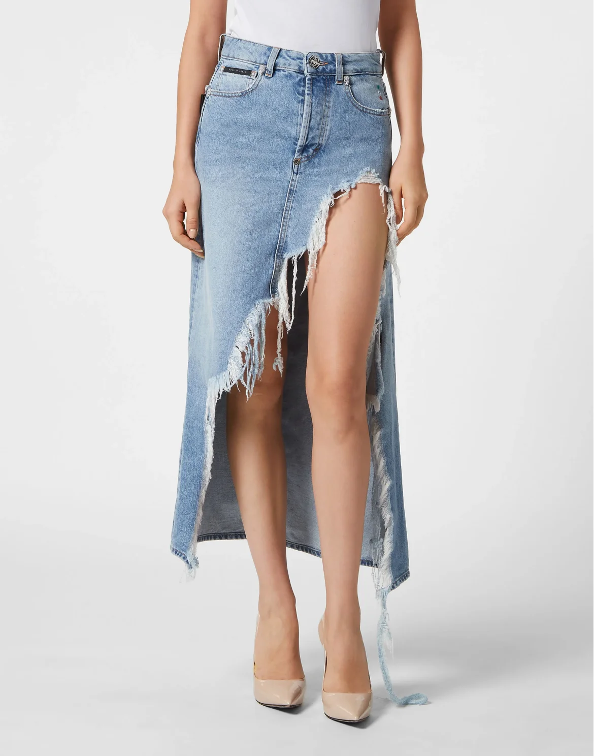 Destroyed Midi Denim Skirt Crystal Skull, цвет: Синий