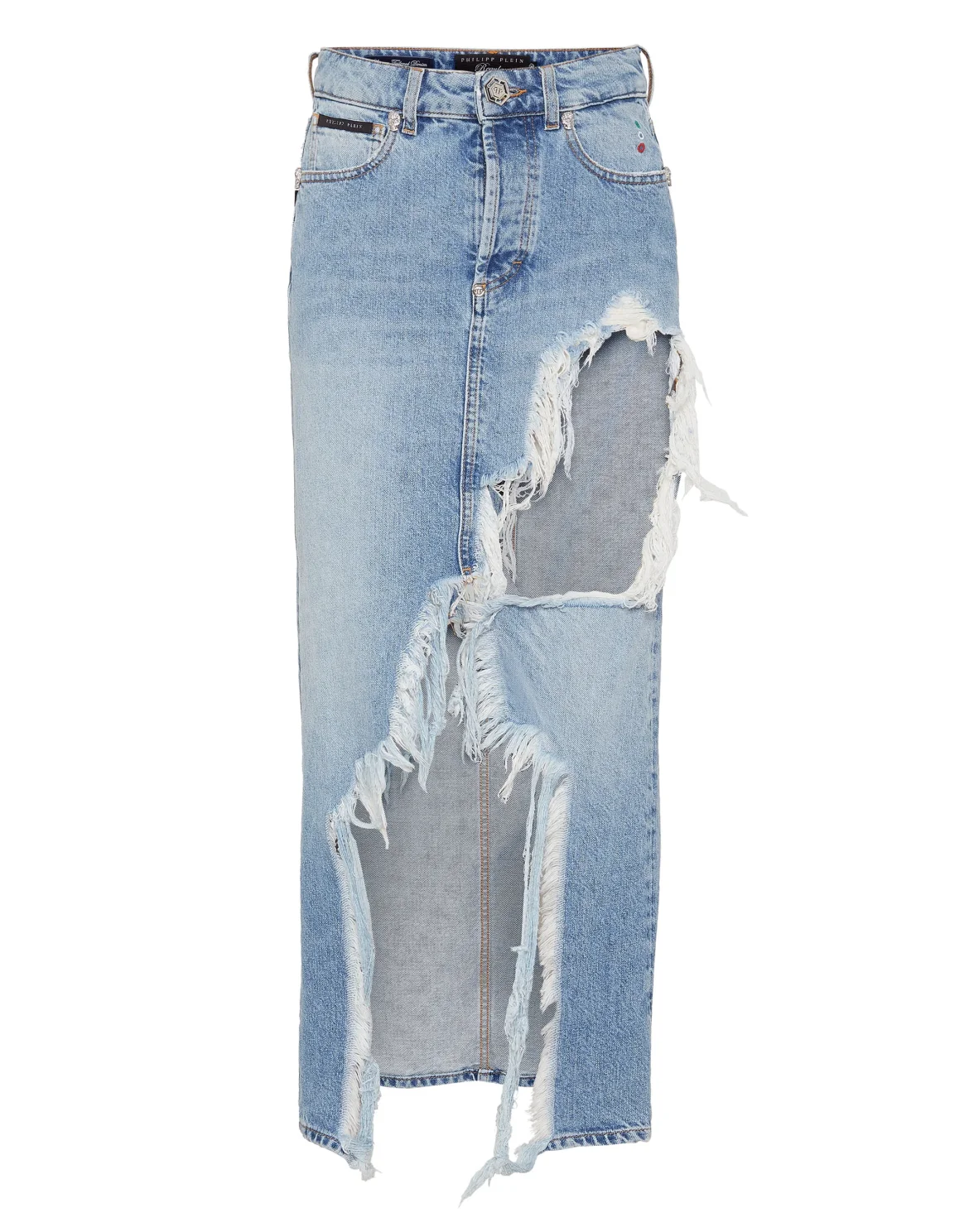 Destroyed Midi Denim Skirt Crystal Skull, цвет: Синий