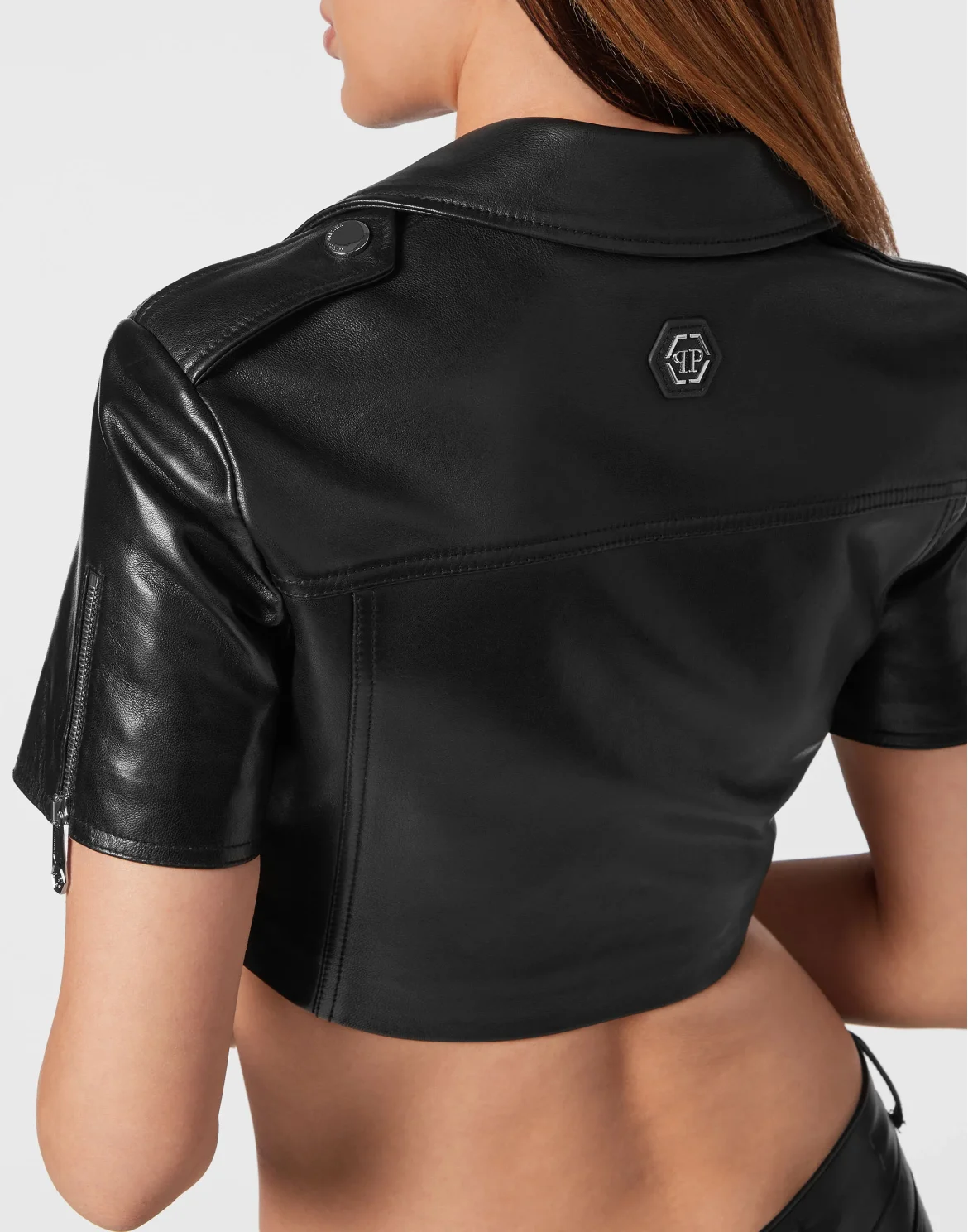 Leather Cropped Biker Short Sleeve Jacket, цвет: Черный