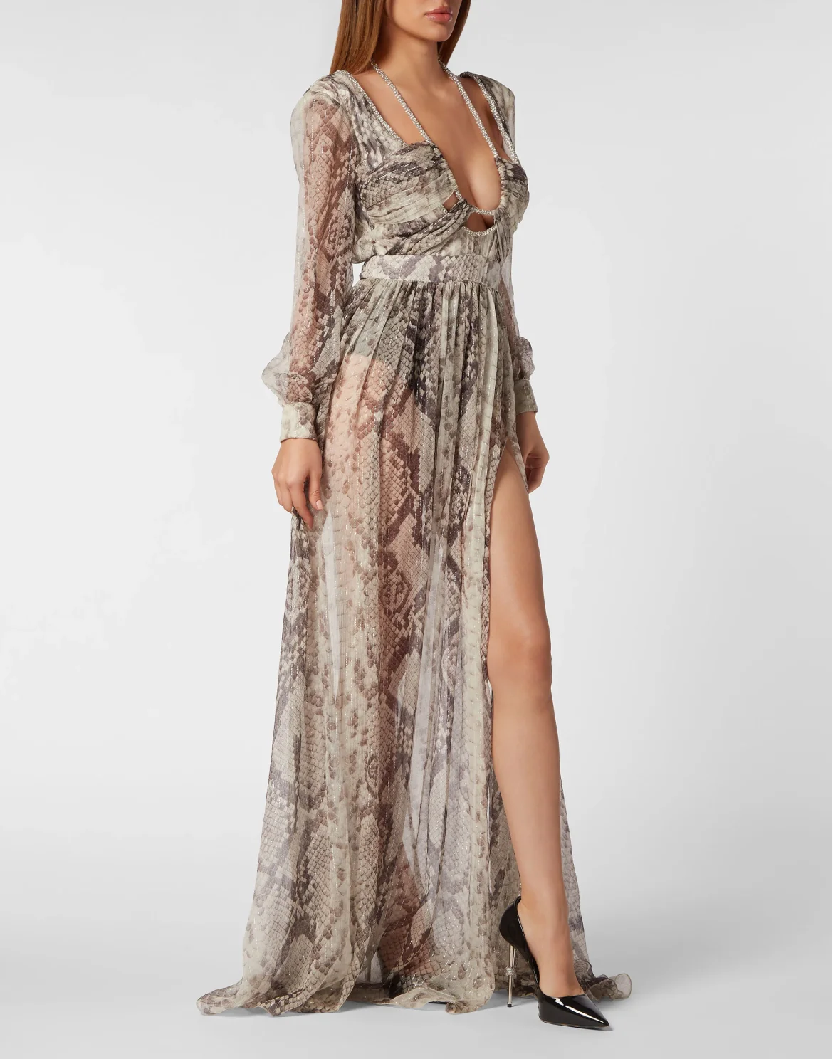 Silk Chiffon Long Dress Pitone, цвет: Бежевый