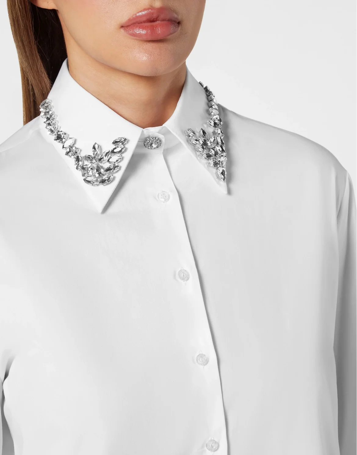 Popeline Regular Collar Strass Shirt, цвет: Белый