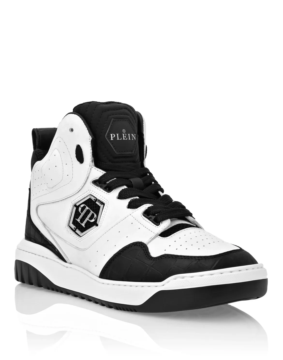 Croco Printed Leather Hi-Top Sneakers, цвет: Белый
