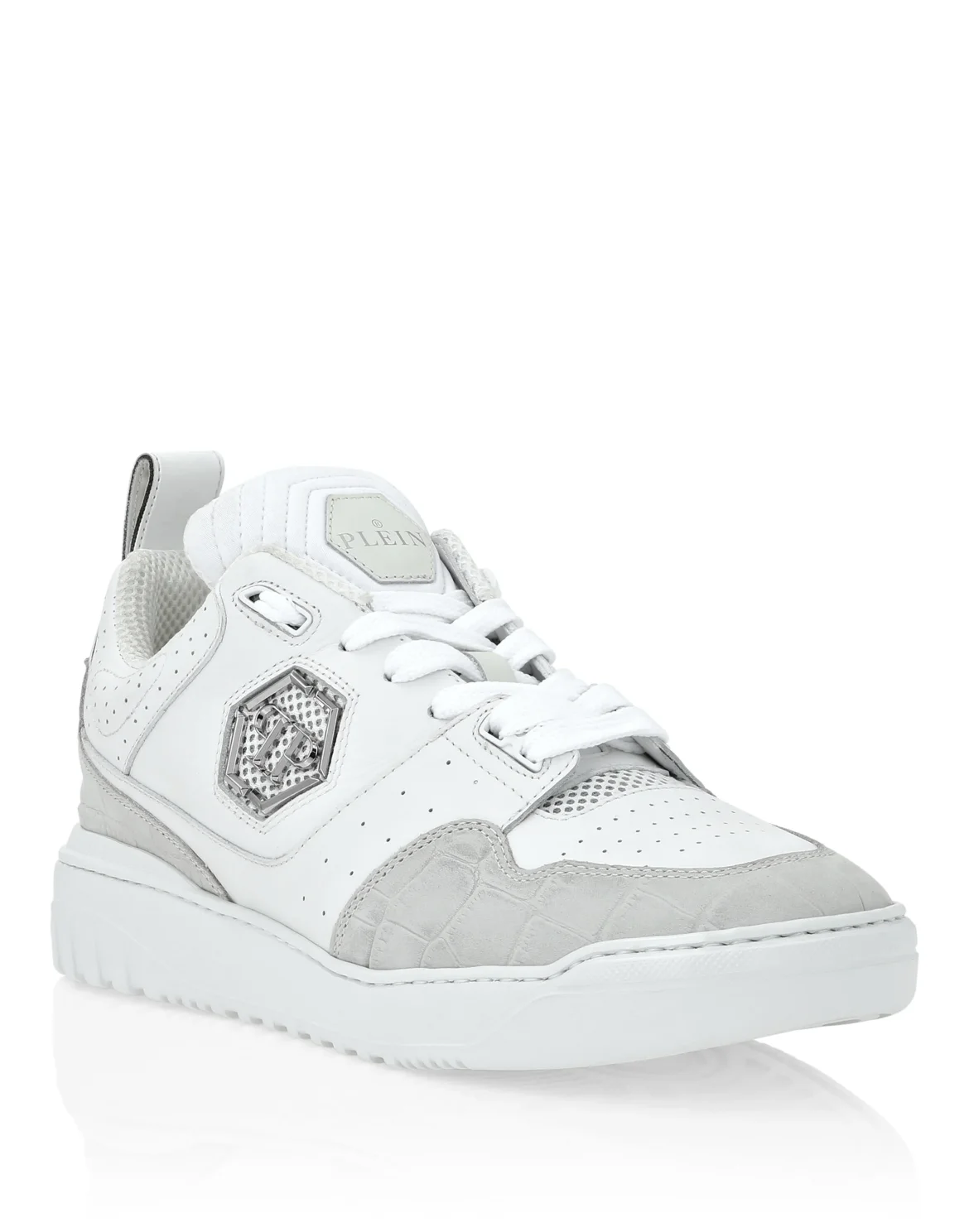 Croco Printed Leather Lo-Top Sneakers, цвет: Белый