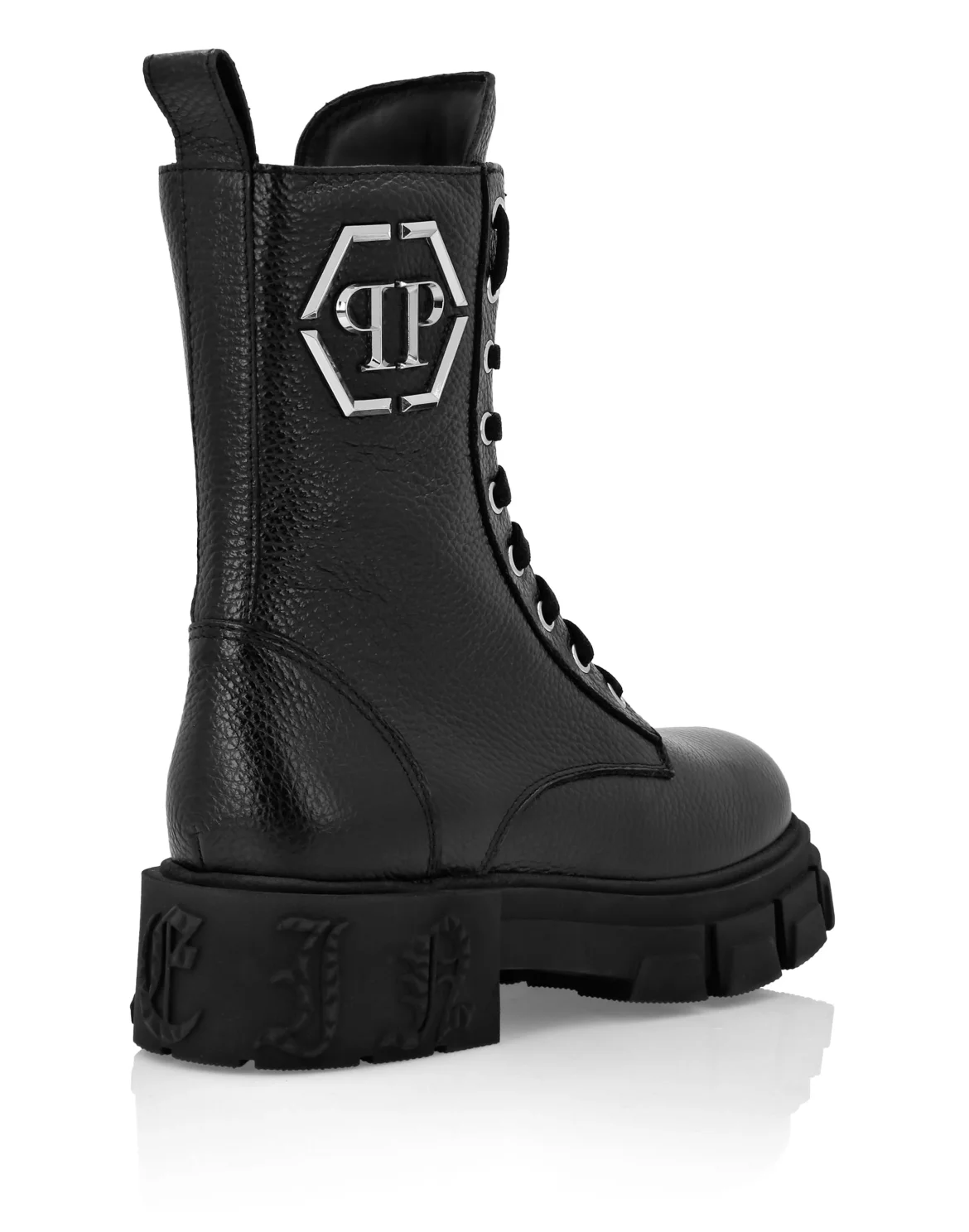 Embossed Leather Boots Mid Flat, цвет: Черный