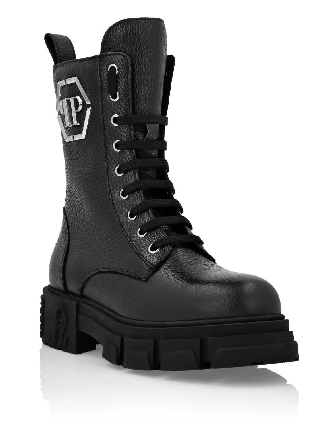 Embossed Leather Boots Mid Flat, цвет: Черный