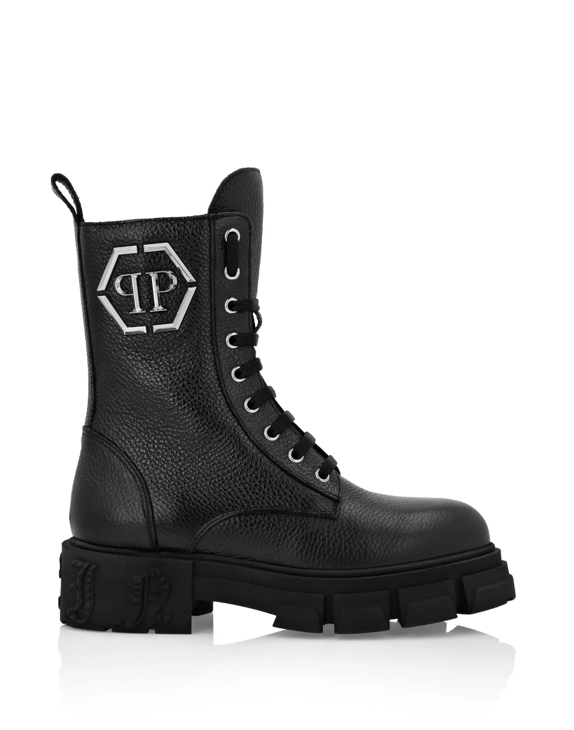 Embossed Leather Boots Mid Flat, цвет: Черный