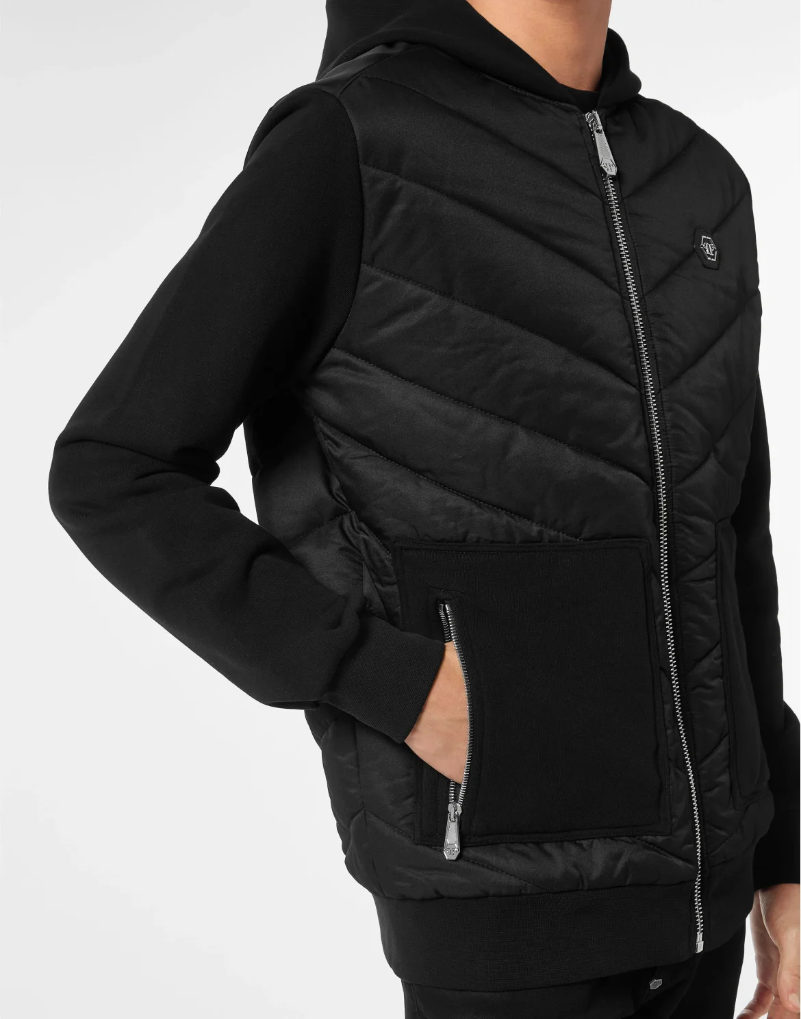 Nylon and Fleece Hooded Tracksuit Jacket with Padded Inserts, цвет: Черный