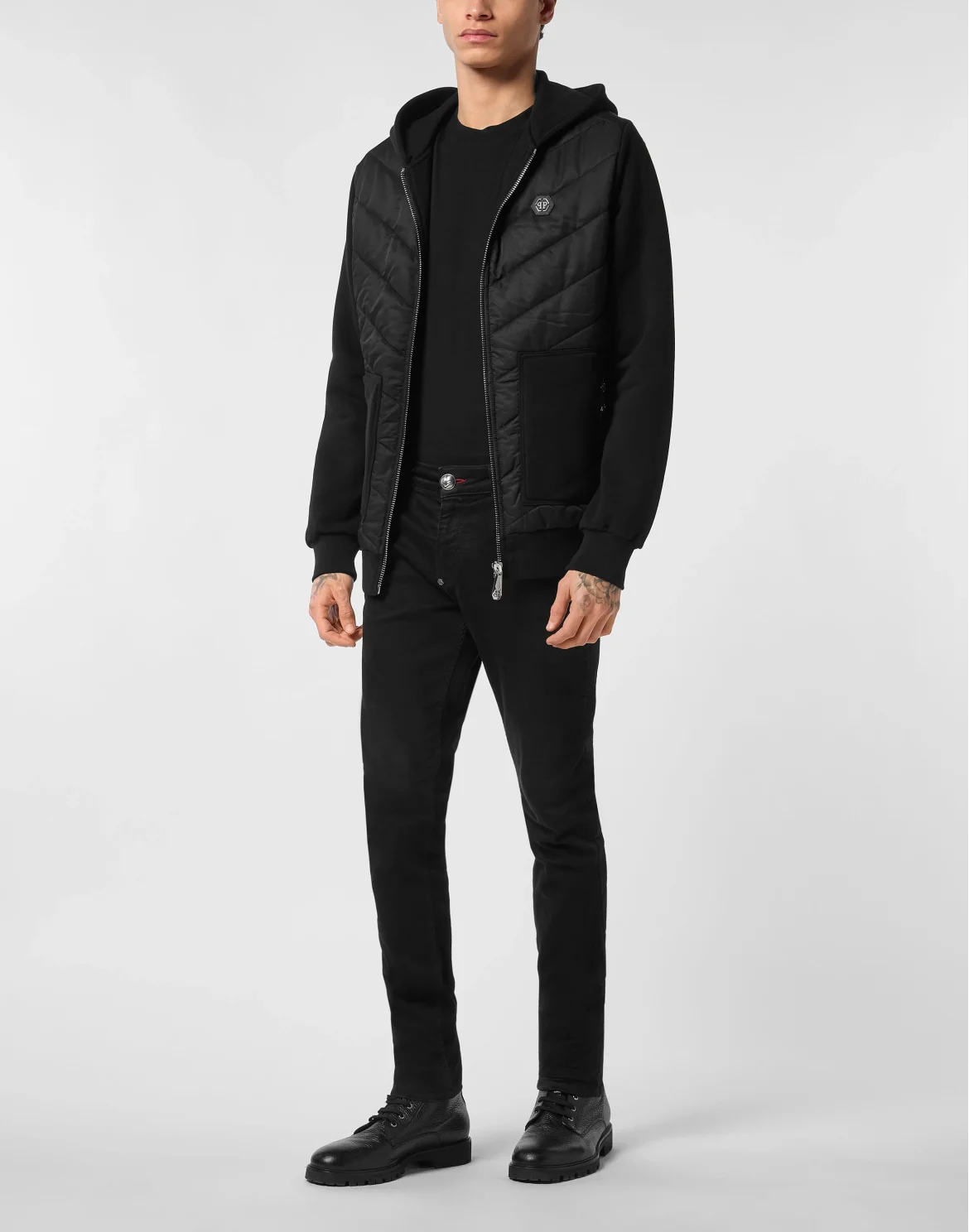 Nylon and Fleece Hooded Tracksuit Jacket with Padded Inserts, цвет: Черный