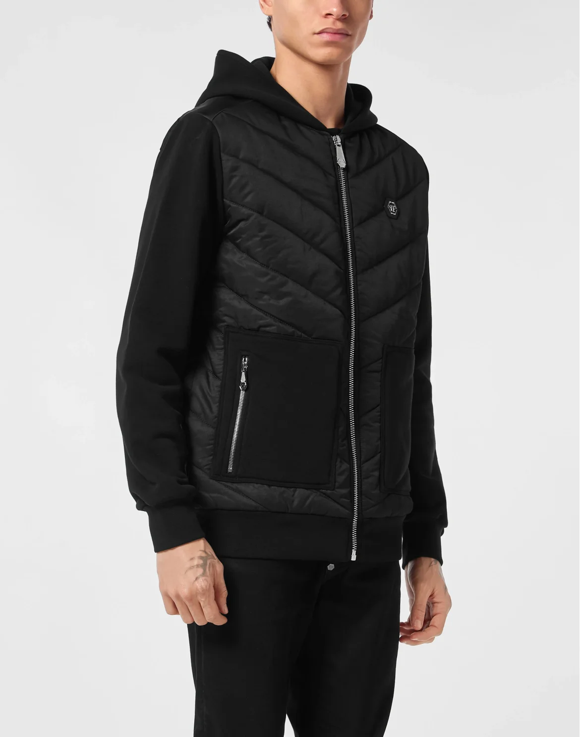 Nylon and Fleece Hooded Tracksuit Jacket with Padded Inserts, цвет: Черный