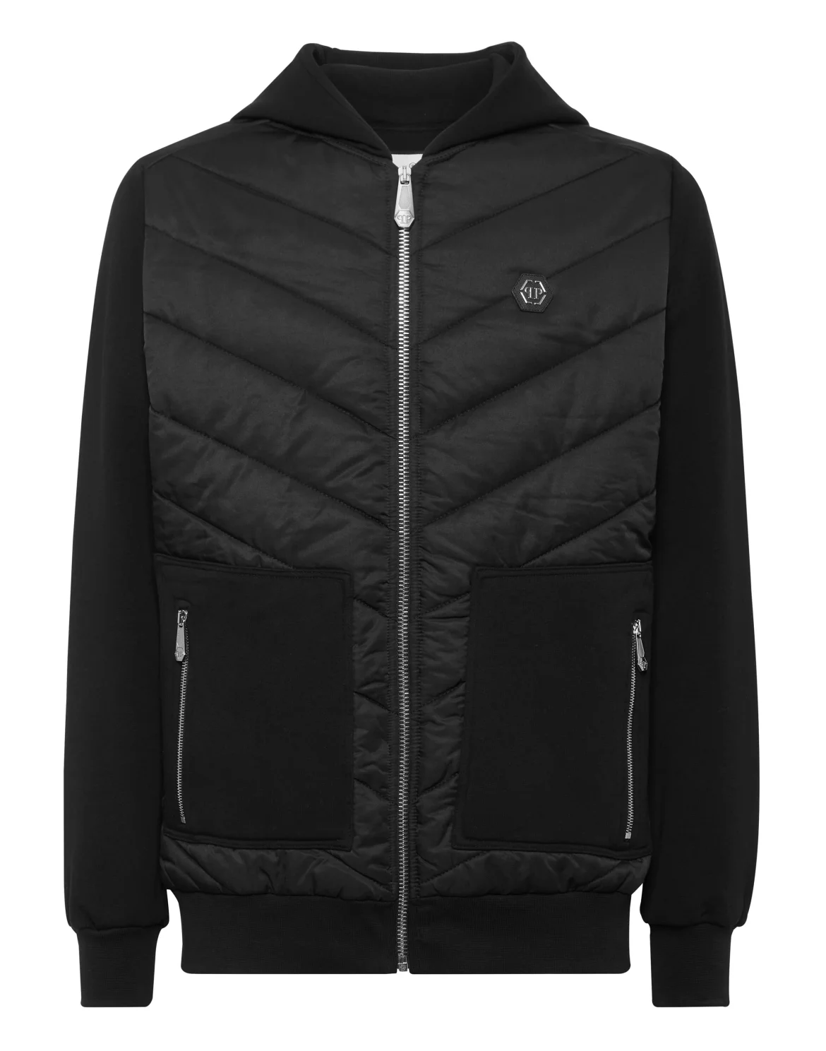 Nylon and Fleece Hooded Tracksuit Jacket with Padded Inserts, цвет: Черный