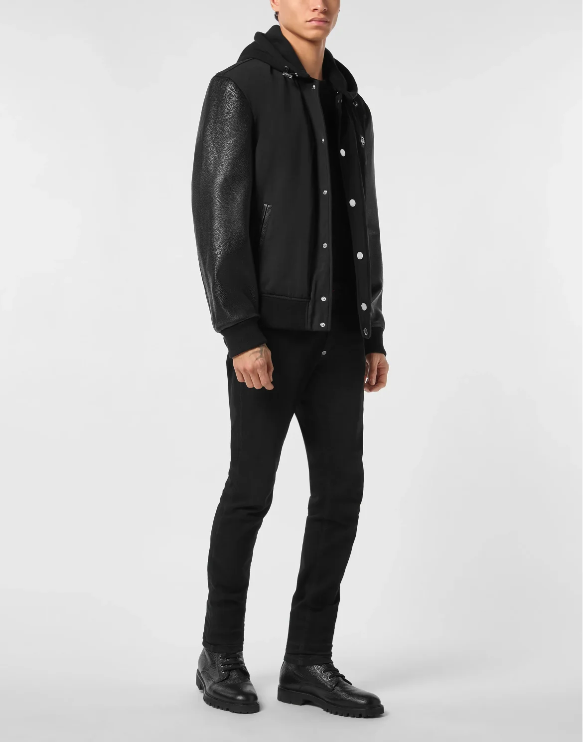 Nylon & Leather Varsity Bomber Hooded Jacket, цвет: Черный