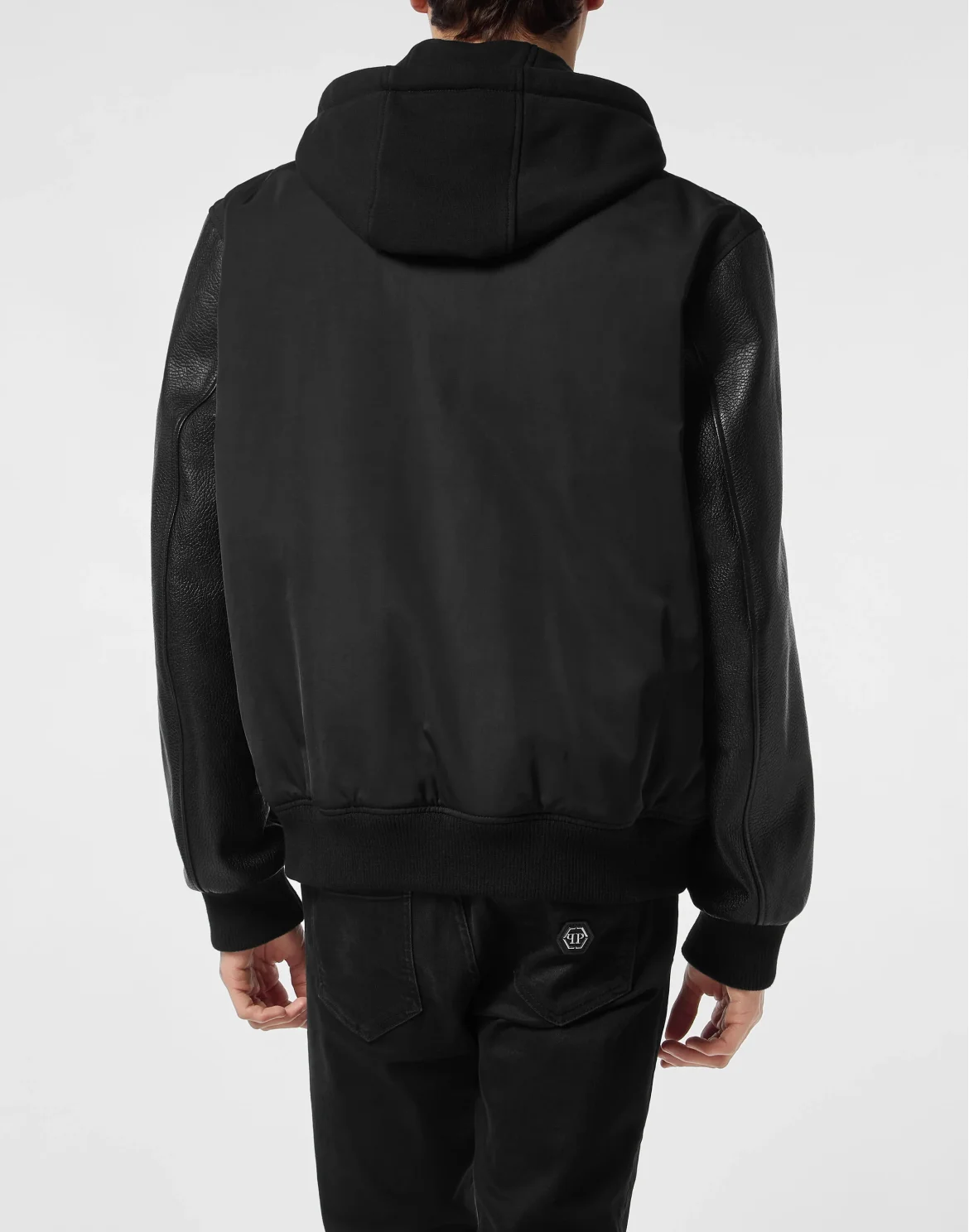 Nylon & Leather Varsity Bomber Hooded Jacket, цвет: Черный