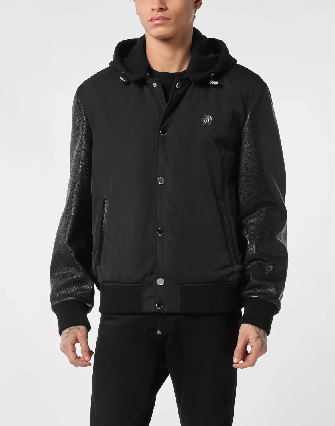 Nylon & Leather Varsity Bomber Hooded Jacket, цвет: Черный