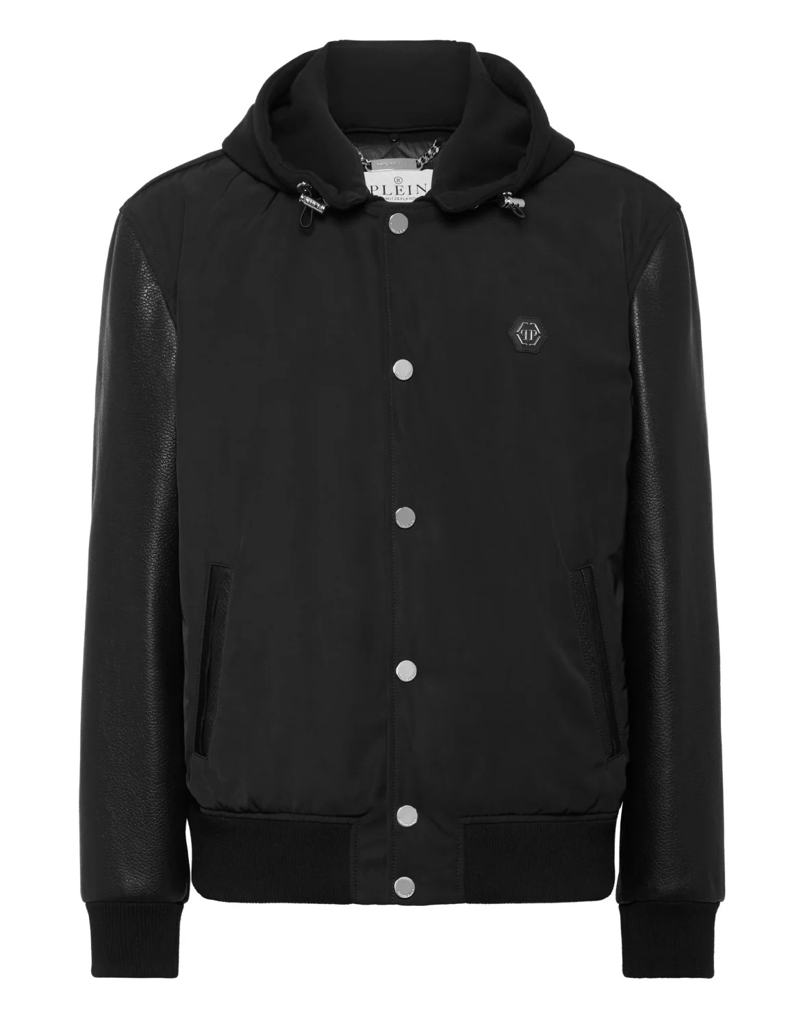 Nylon & Leather Varsity Bomber Hooded Jacket, цвет: Черный