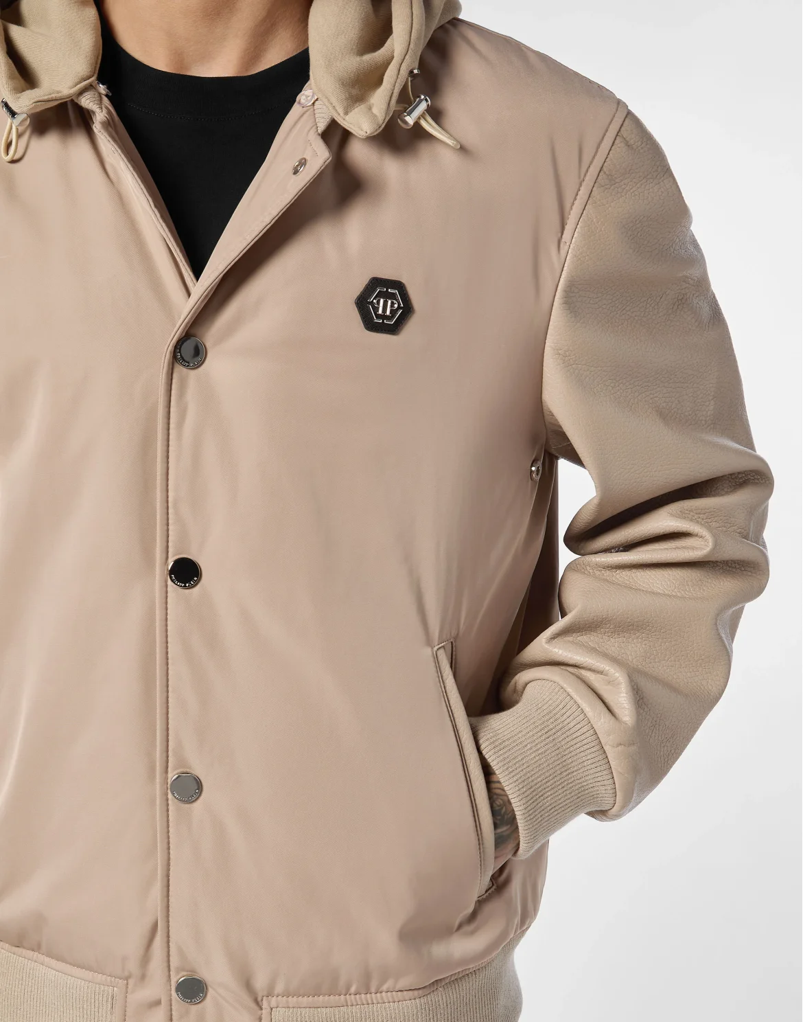Nylon & Leather Varsity Bomber Hooded Jacket, цвет: Бежевый