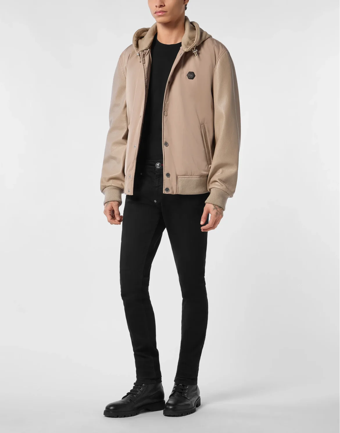 Nylon & Leather Varsity Bomber Hooded Jacket, цвет: Бежевый