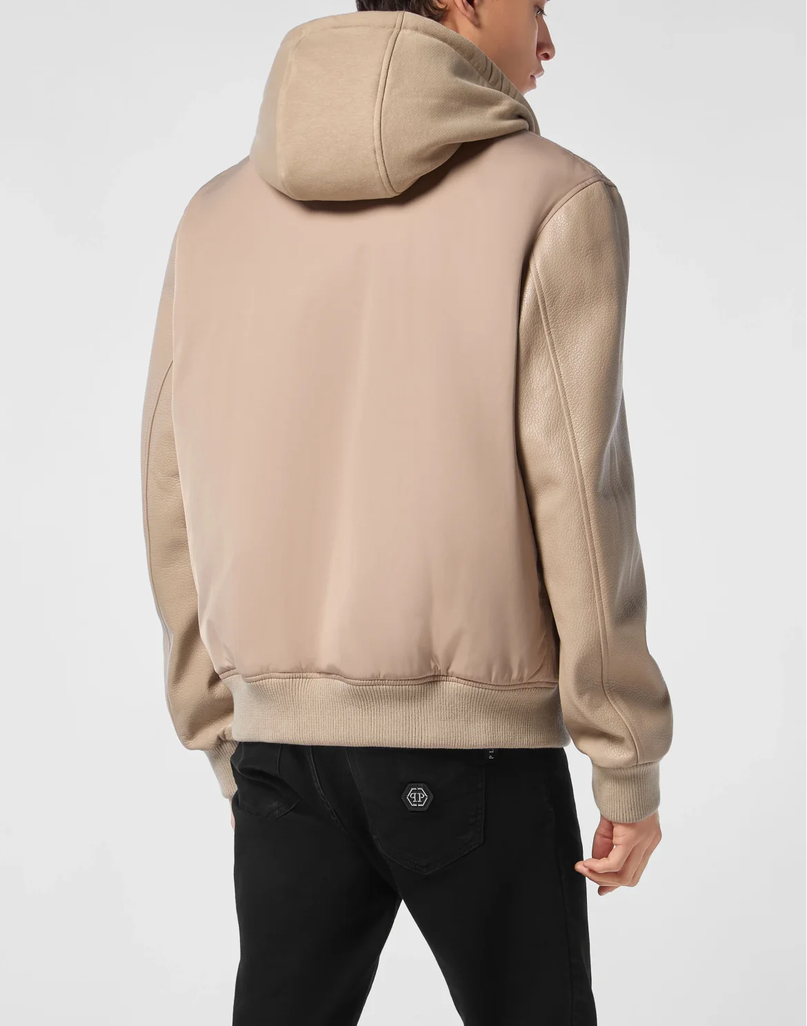 Nylon & Leather Varsity Bomber Hooded Jacket, цвет: Бежевый