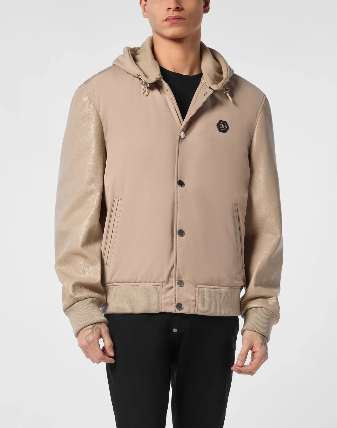 Nylon & Leather Varsity Bomber Hooded Jacket, цвет: Бежевый