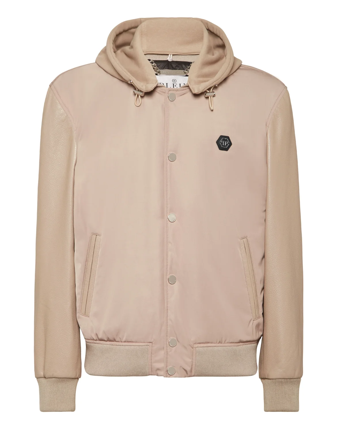 Nylon & Leather Varsity Bomber Hooded Jacket, цвет: Бежевый