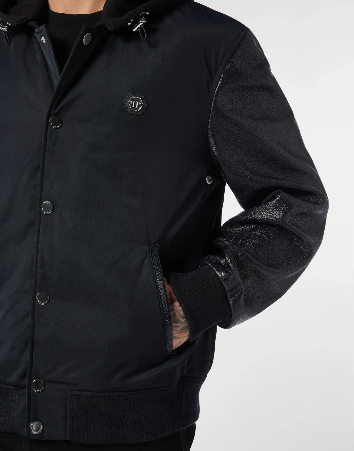Nylon & Leather Varsity Bomber Hooded Jacket, цвет: Синий