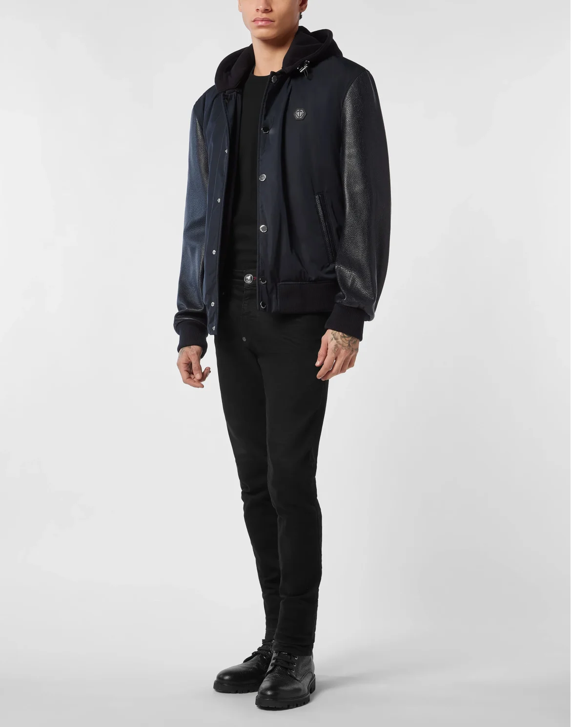 Nylon & Leather Varsity Bomber Hooded Jacket, цвет: Синий