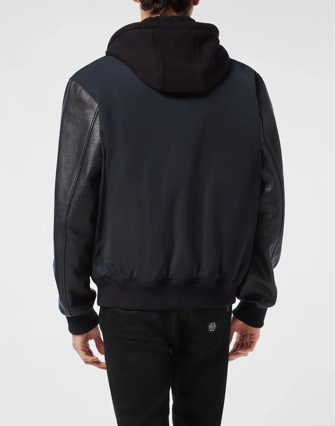 Nylon & Leather Varsity Bomber Hooded Jacket, цвет: Синий