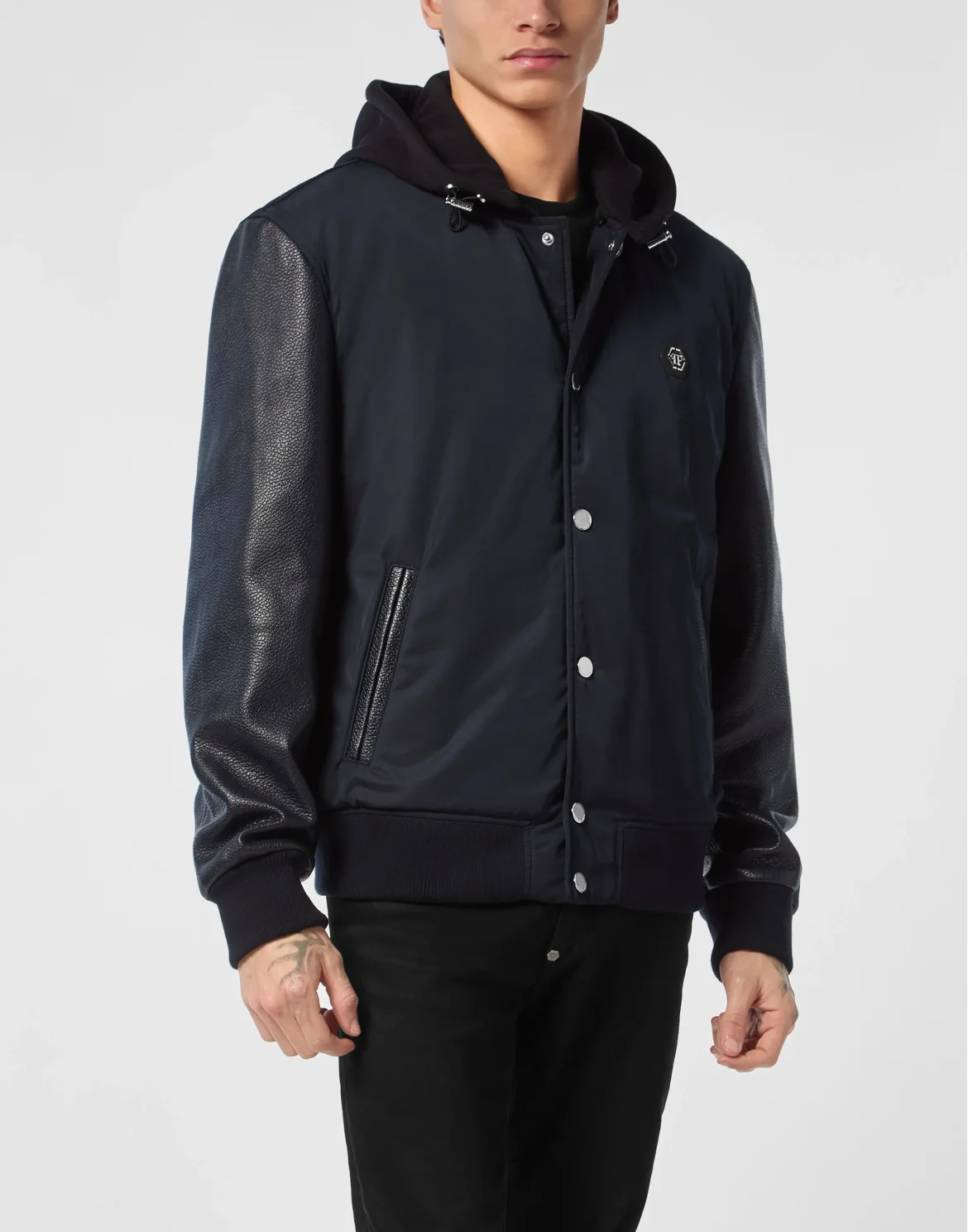 Nylon & Leather Varsity Bomber Hooded Jacket, цвет: Синий