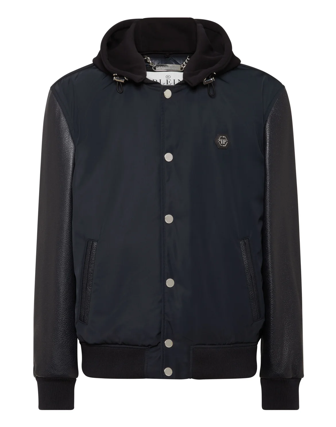Nylon & Leather Varsity Bomber Hooded Jacket, цвет: Синий