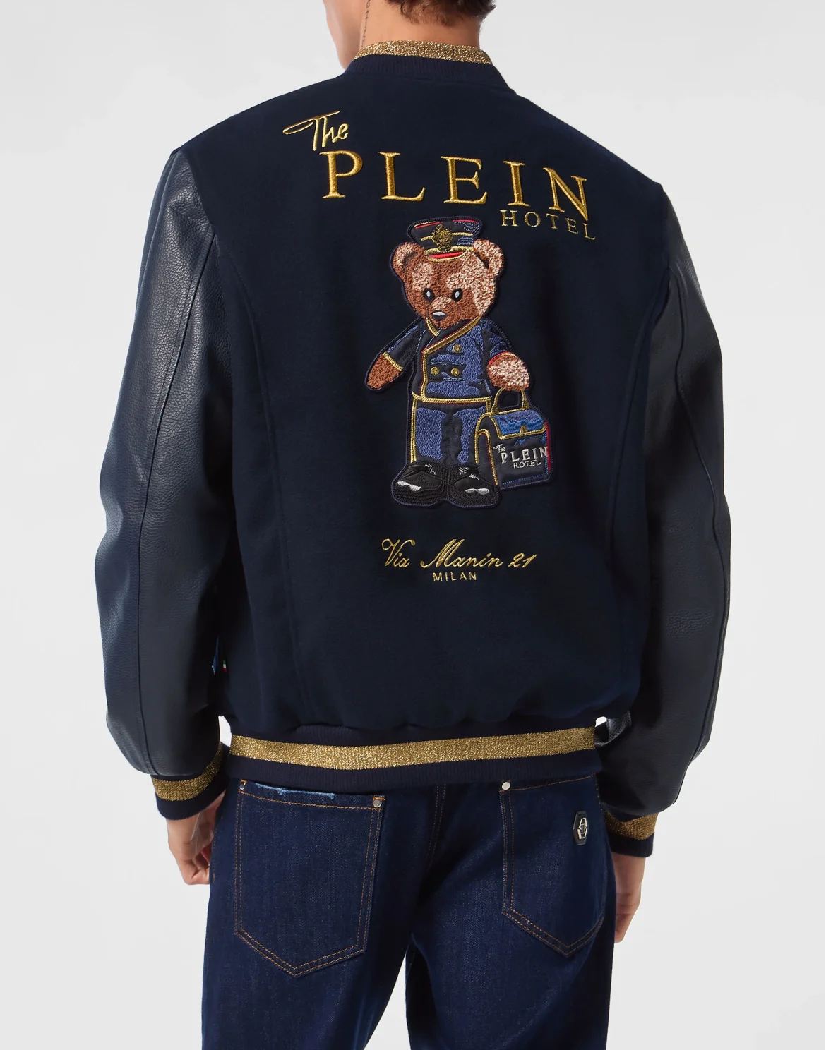 Leather and Wool Varsity Bomber Teddy Doorman, цвет: Синий