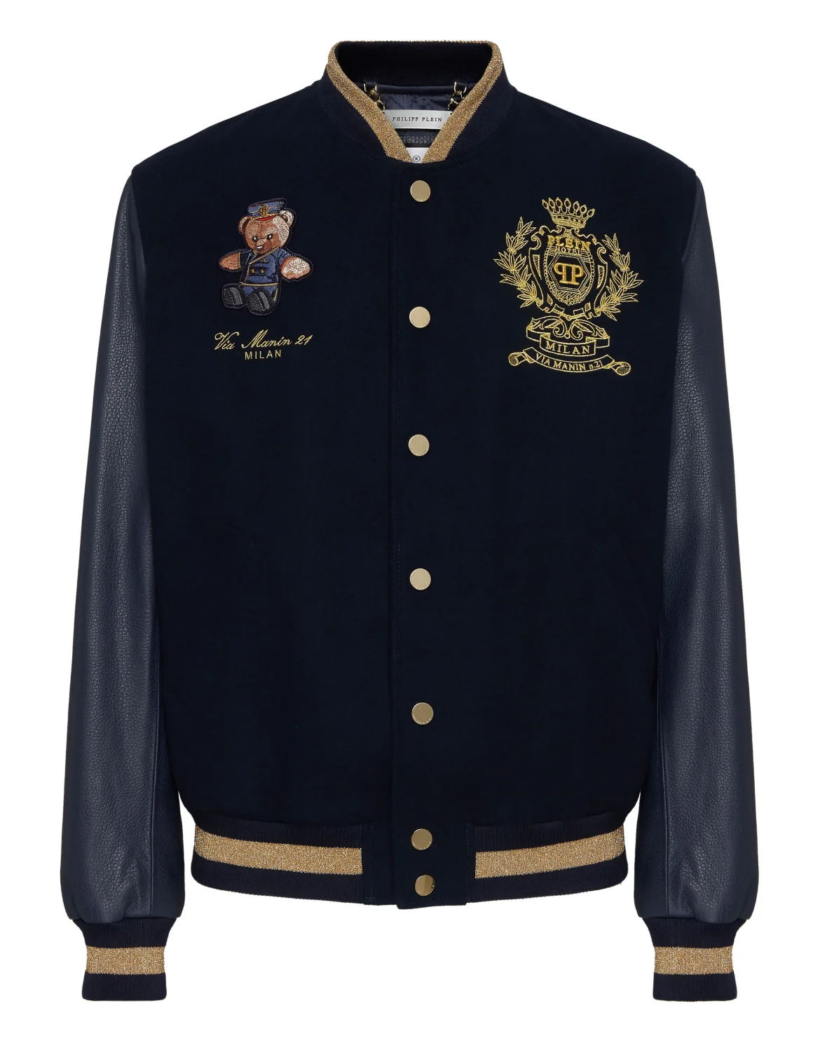 Leather and Wool Varsity Bomber Teddy Doorman, цвет: Синий