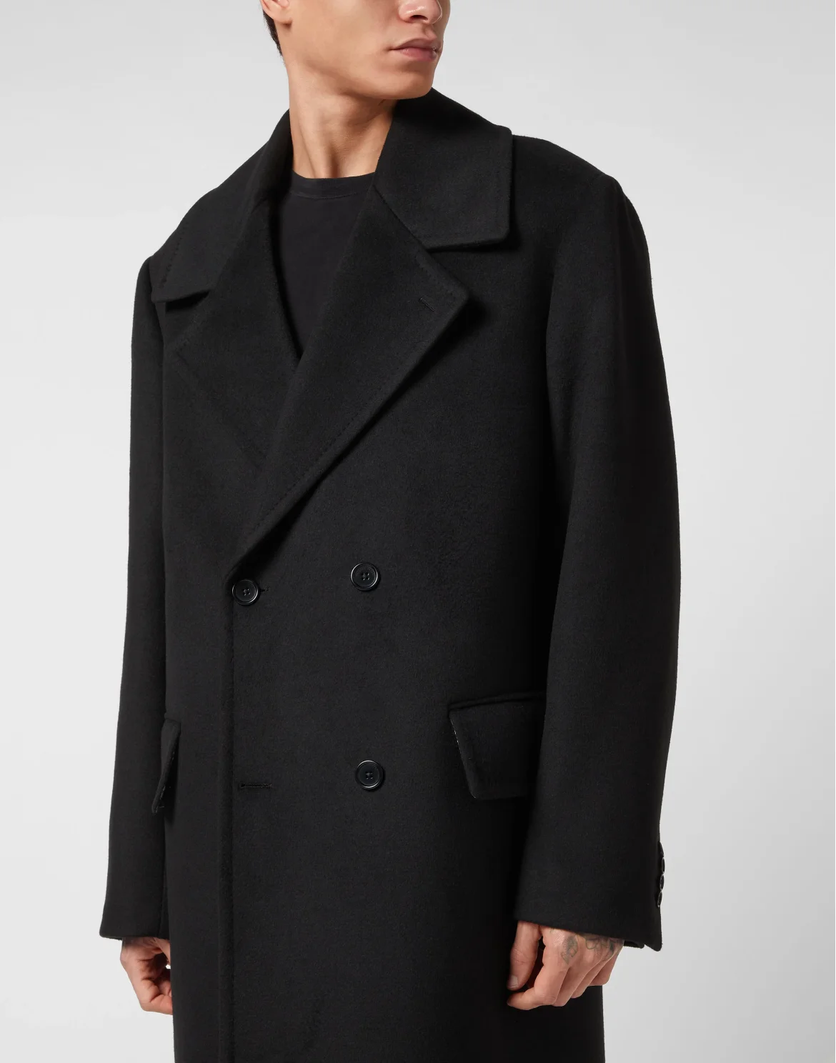 Herringbone Wool Double Breasted Long Coat, цвет: Черный