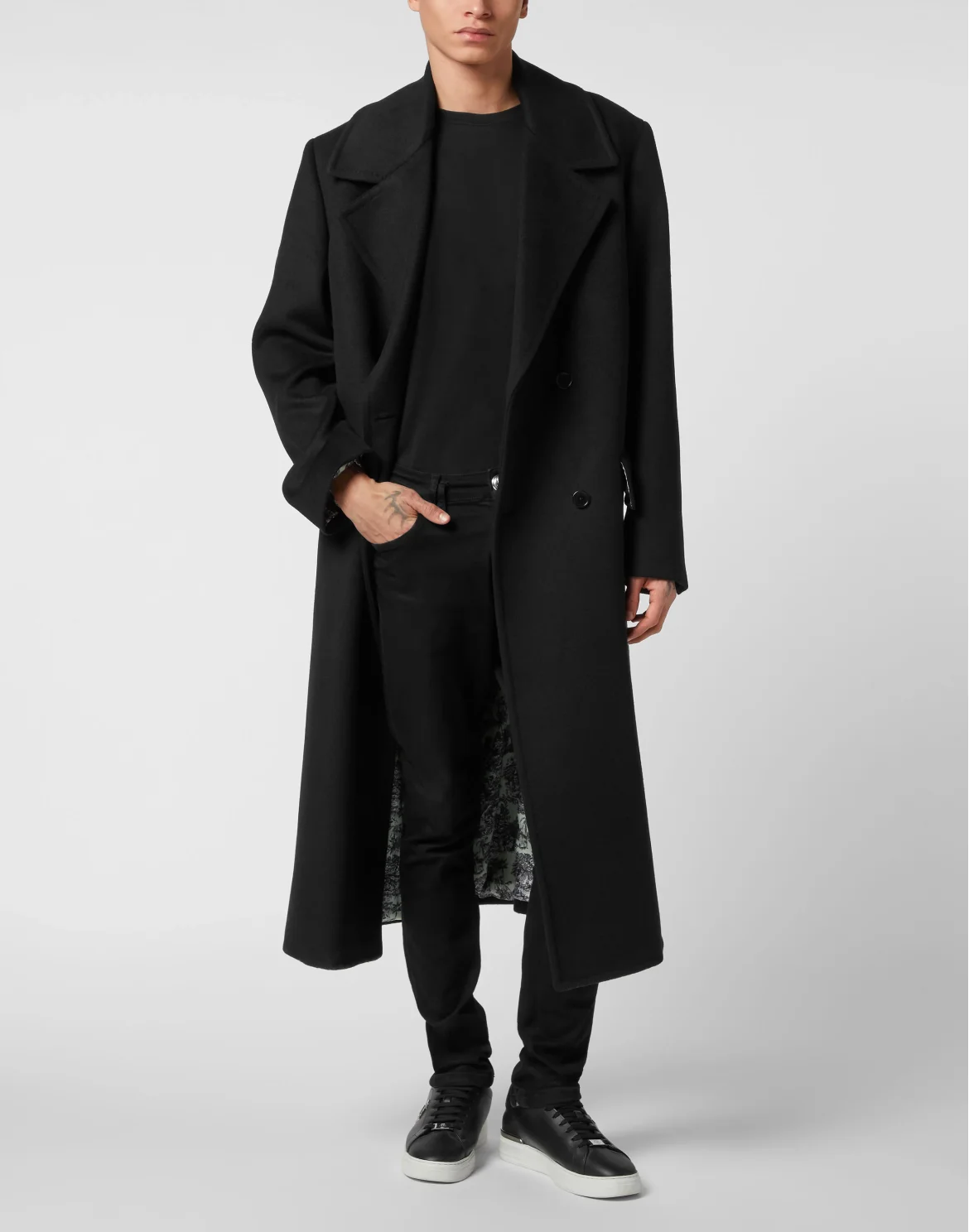 Herringbone Wool Double Breasted Long Coat, цвет: Черный