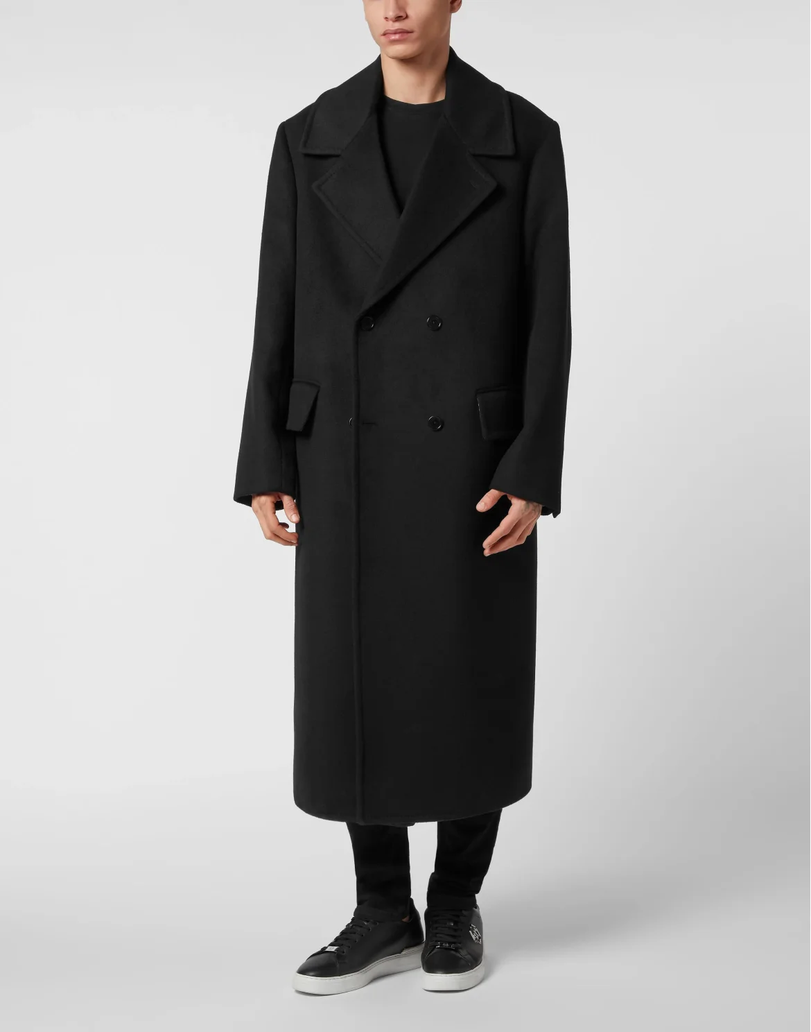 Herringbone Wool Double Breasted Long Coat, цвет: Черный