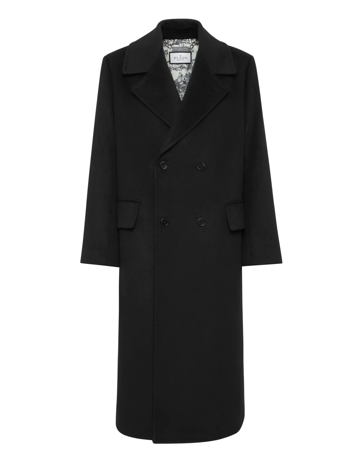 Herringbone Wool Double Breasted Long Coat, цвет: Черный