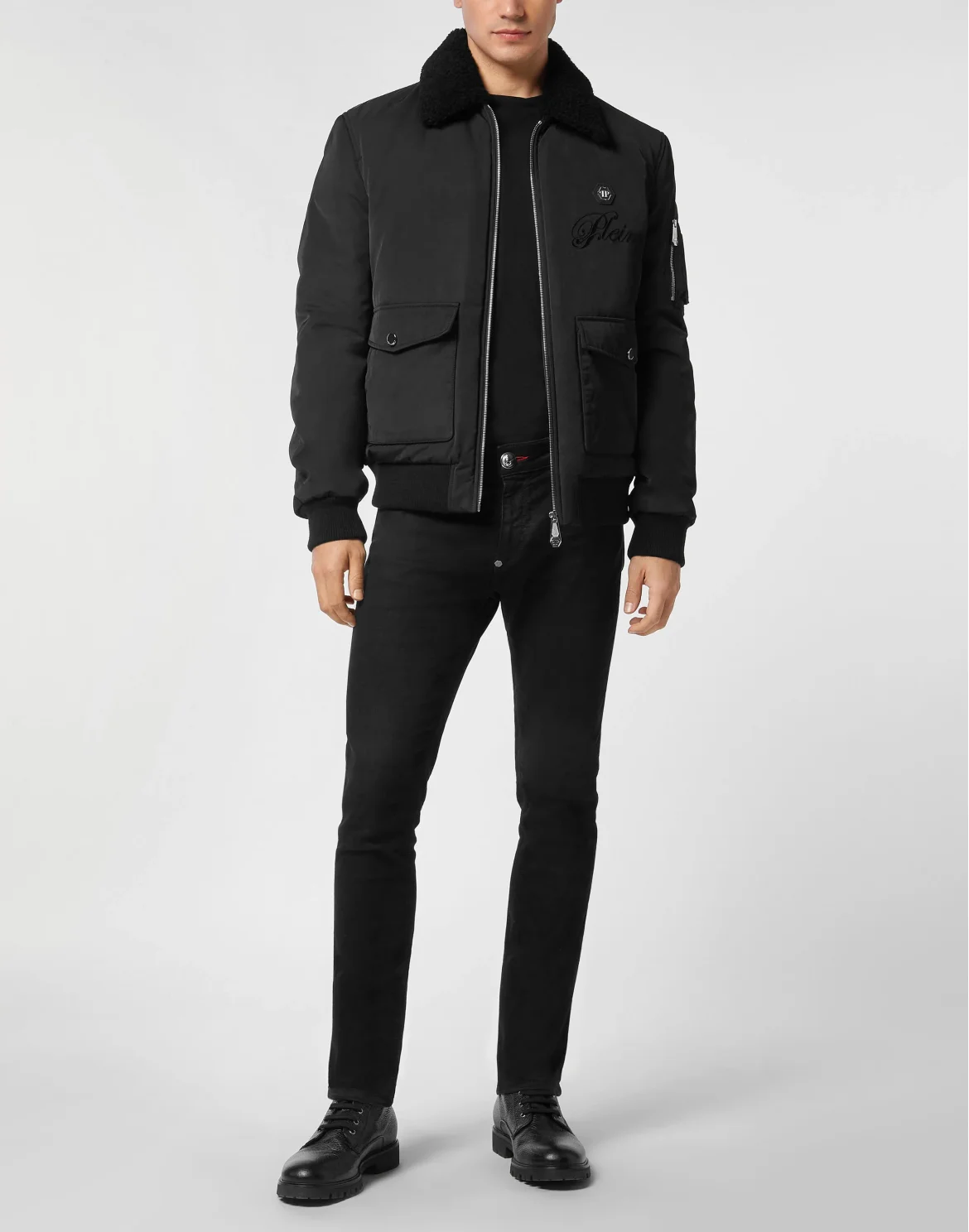Nylon Aviator Jacket with Shearling Collar, цвет: Черный