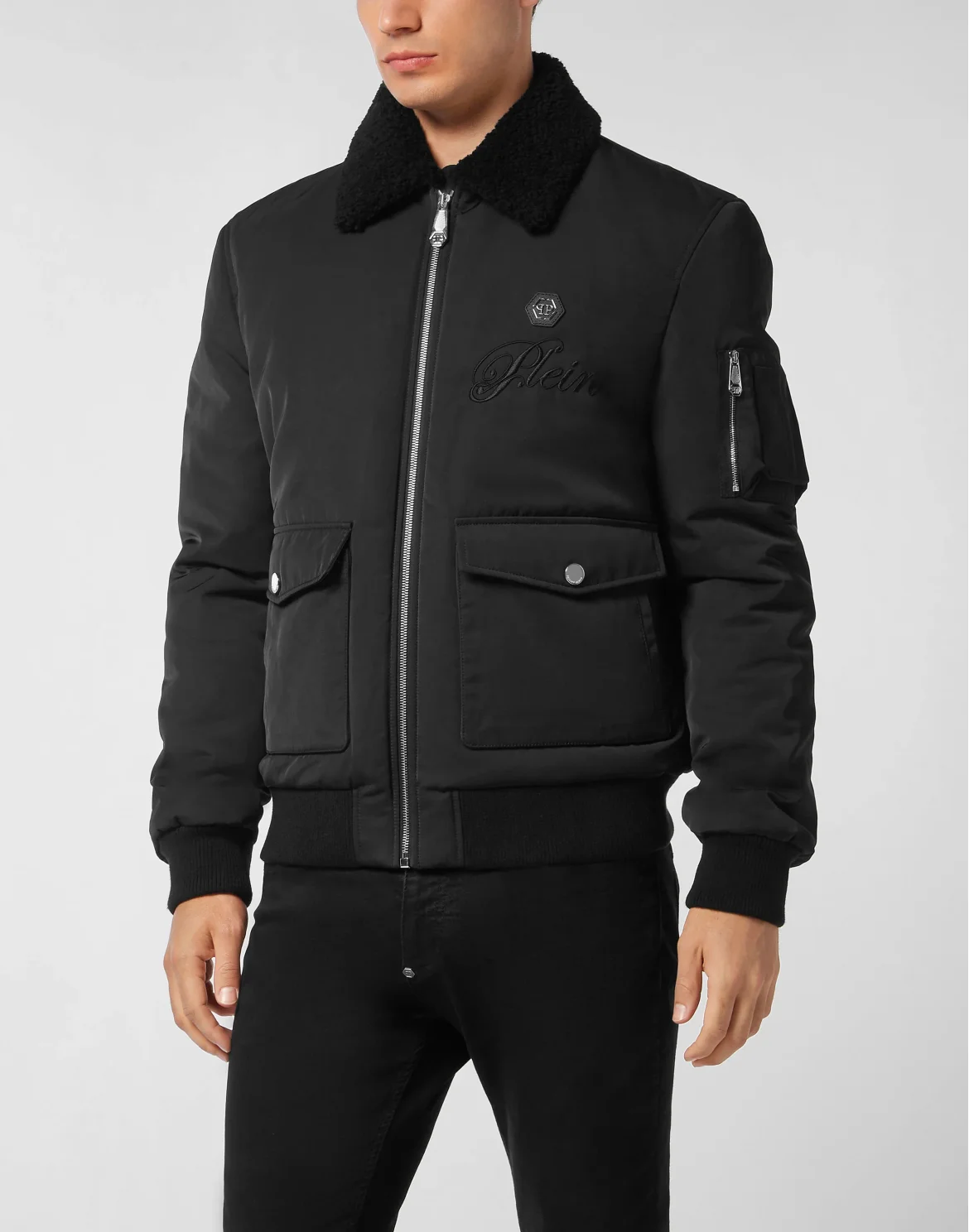 Nylon Aviator Jacket with Shearling Collar, цвет: Черный