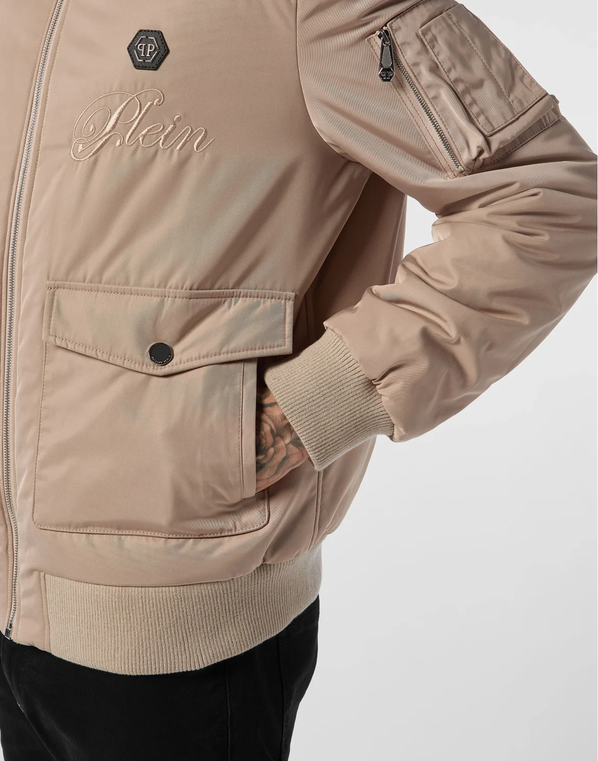 Nylon Aviator Jacket with Shearling Collar, цвет: Бежевый