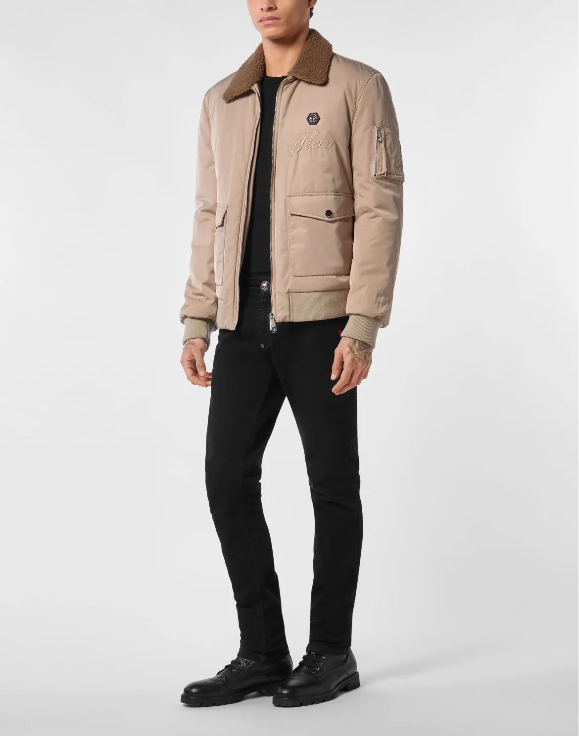 Nylon Aviator Jacket with Shearling Collar, цвет: Бежевый