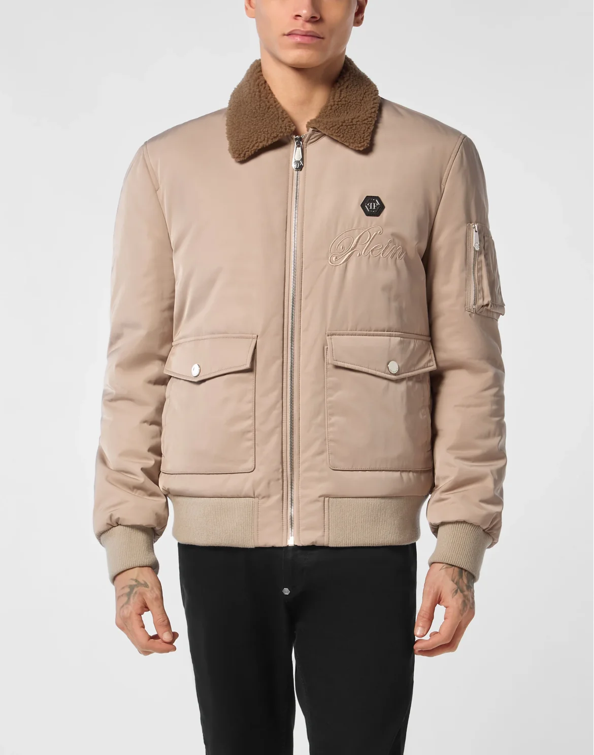 Nylon Aviator Jacket with Shearling Collar, цвет: Бежевый