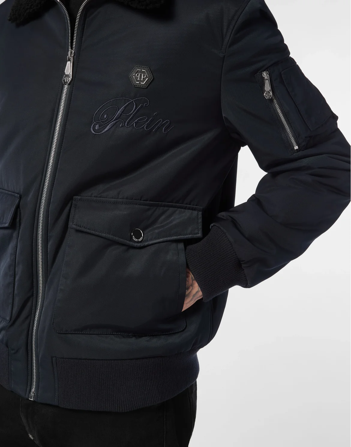Nylon Aviator Jacket with Shearling Collar, цвет: Синий