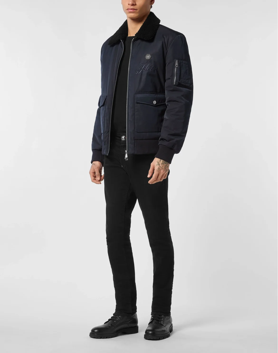 Nylon Aviator Jacket with Shearling Collar, цвет: Синий