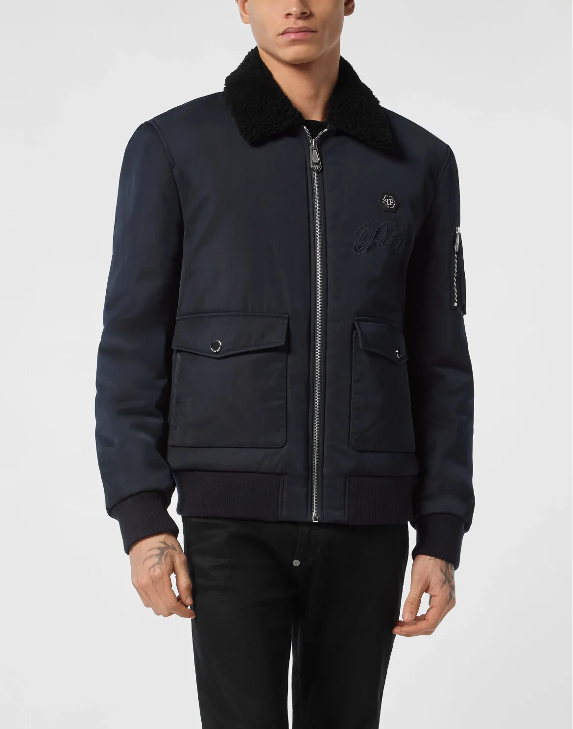 Nylon Aviator Jacket with Shearling Collar, цвет: Синий