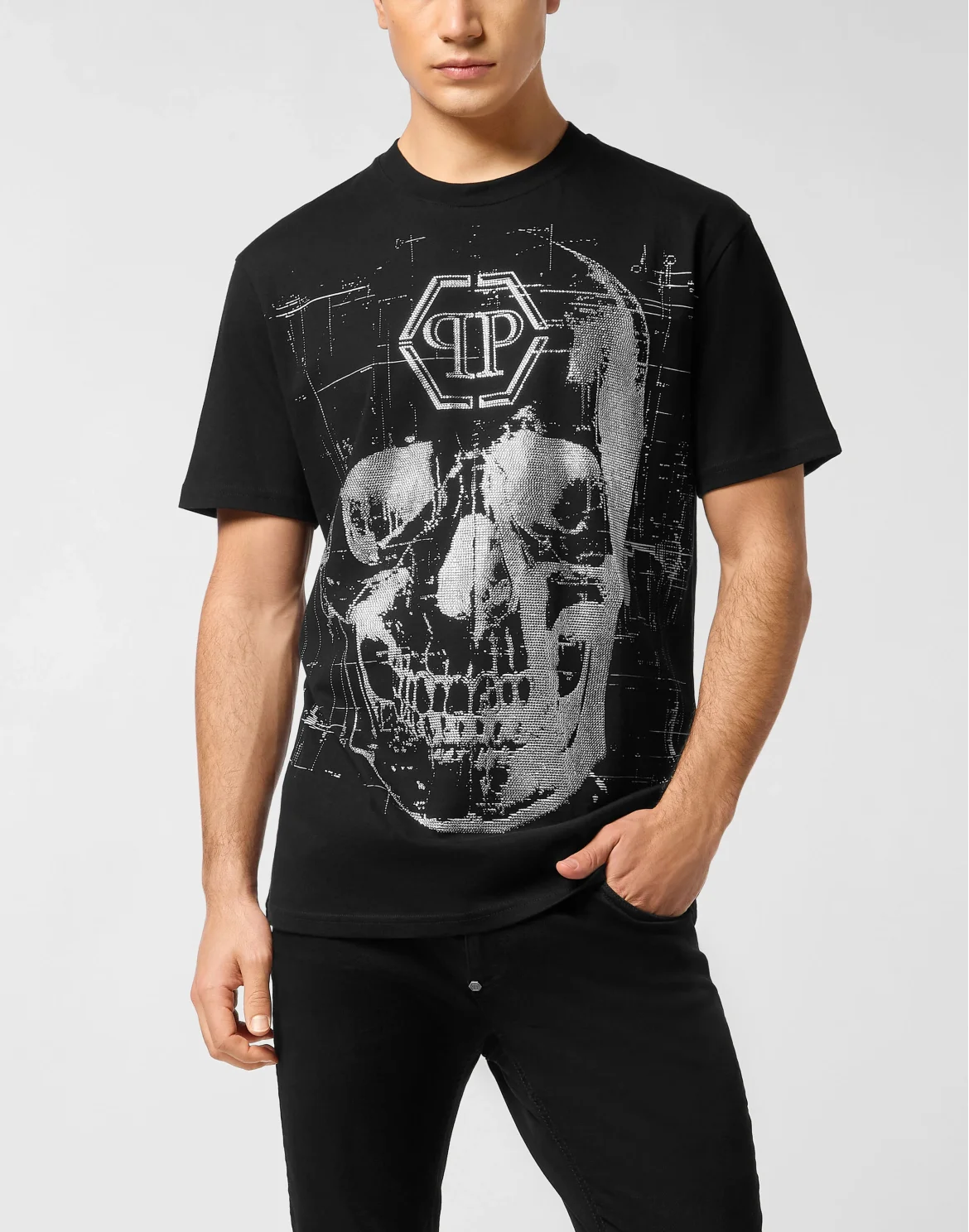 Round Neck T-Shirt Skull Strass, цвет: Черный