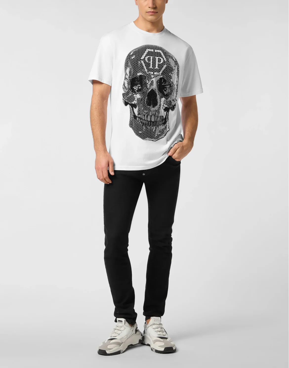 Round Neck T-Shirt Skull Strass, цвет: Бежевый