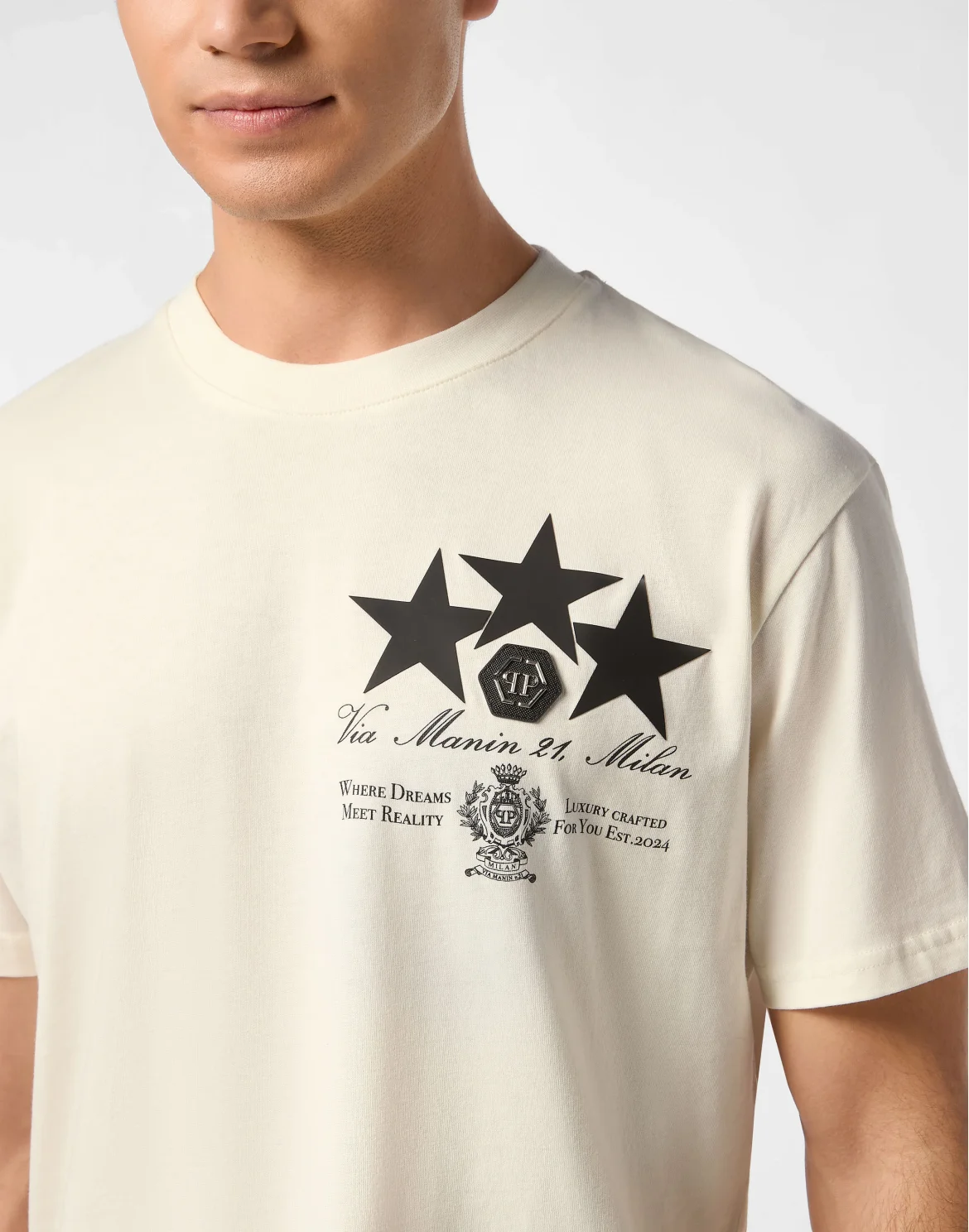 Round Neck T-Shirt Leather Patch Stars, цвет: Бежевый
