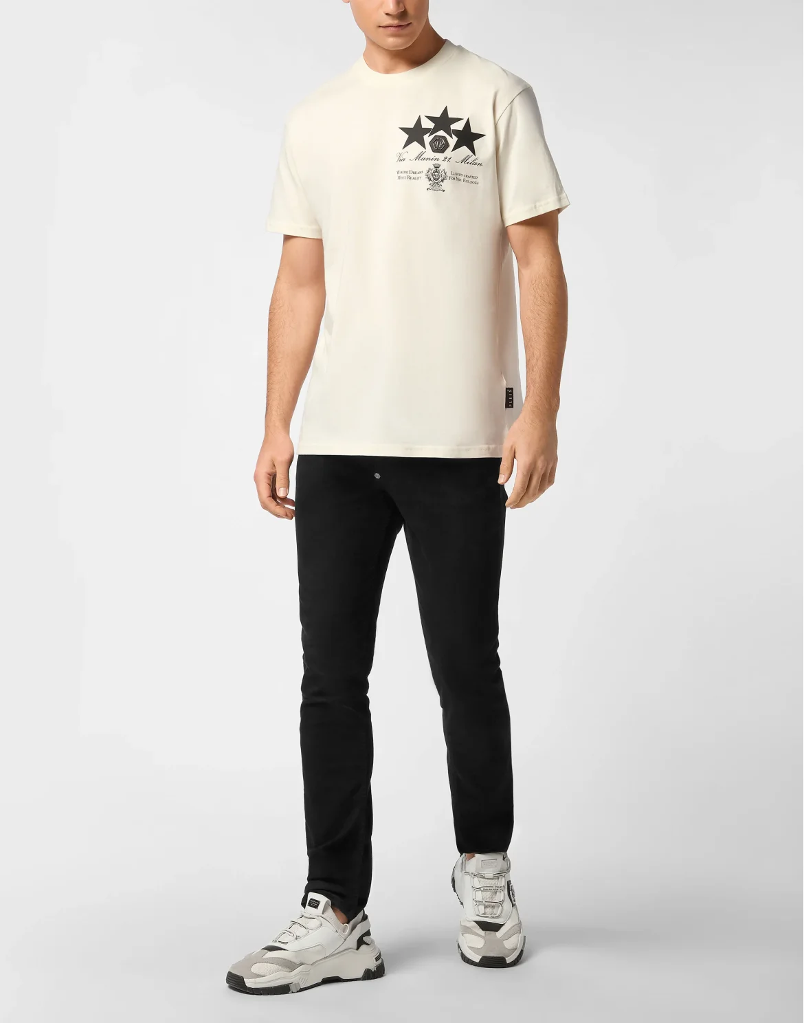 Round Neck T-Shirt Leather Patch Stars, цвет: Бежевый