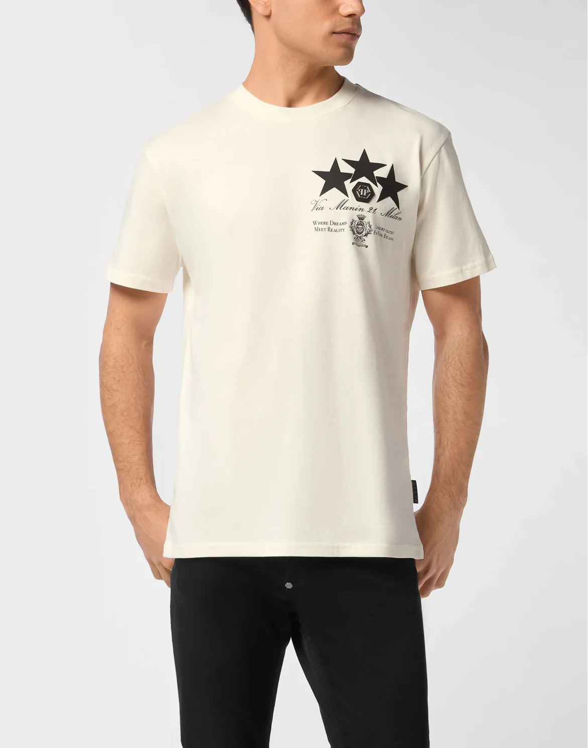 Round Neck T-Shirt Leather Patch Stars, цвет: Бежевый