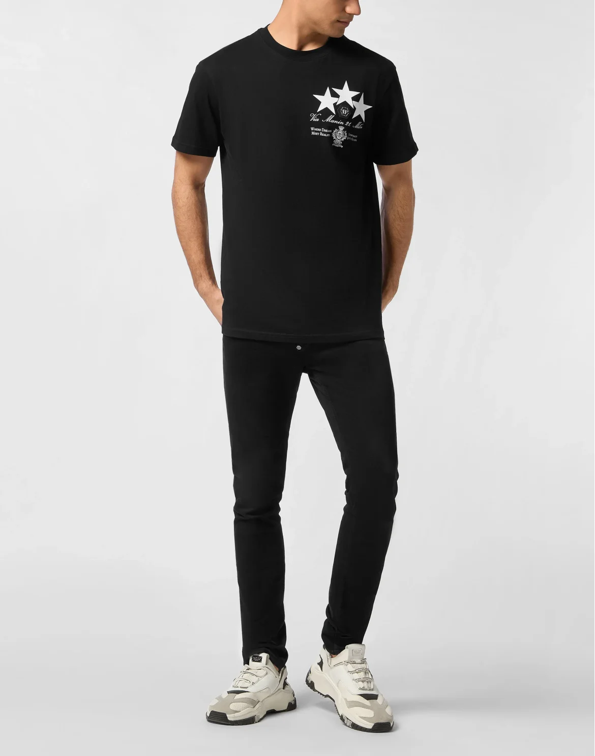 Round Neck T-Shirt Leather Patch Stars, цвет: Черный